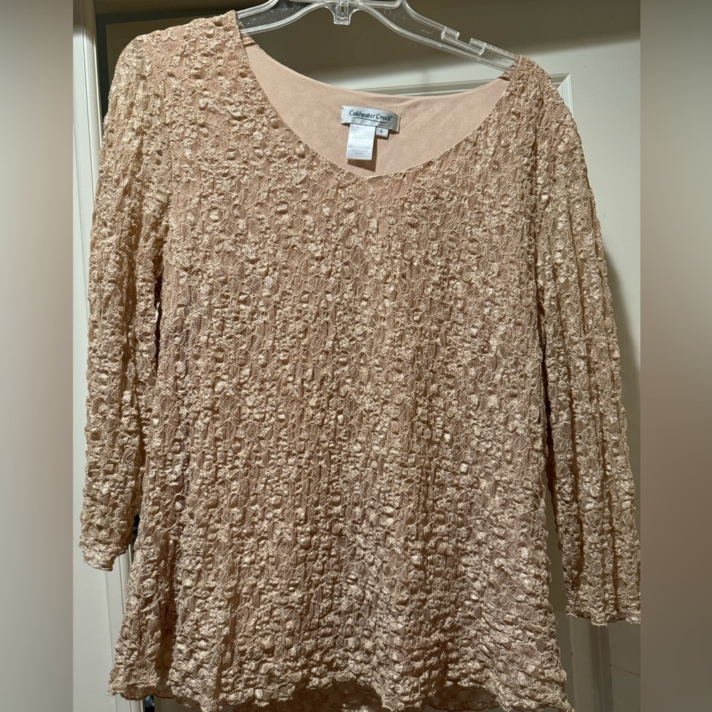 Coldwater Creek stretch-lace ecru lined pullover short-sleeve top large 14/16